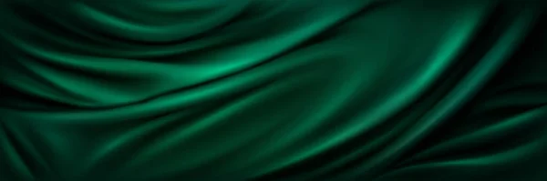 緑のドレープシルク生地高級背景 波抽象サテン布ベクトルテクスチャパターン 滑らかな光沢のあるドレープ素材カーテン エレガントなベルベットの曲線の動き画像現実的な水平方向のデザイン — ストックベクタ