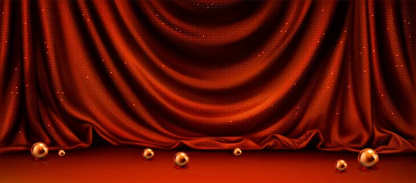 Realistica Tenda Seta Rossa Con Perline Oro Sul Palco Illustrazione — Vettoriale Stock