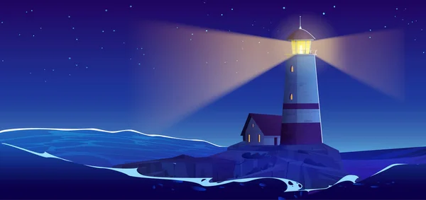 Cartoon Night Seascape Lighthouse Island Vector Illustration Old Beacon Tower — Stock Vector