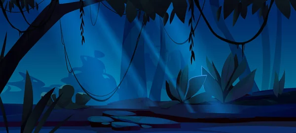 Темний Лісовий Пейзаж Вночі Джунглі Пейзажі Силуетами Дерев Рослин Кущів — стоковий вектор