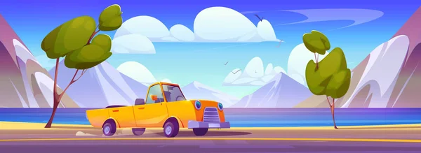 Desenhos Animados Carro Amarelo Montando Estrada Montanha Ilustração Vetor Veículo — Vetor de Stock