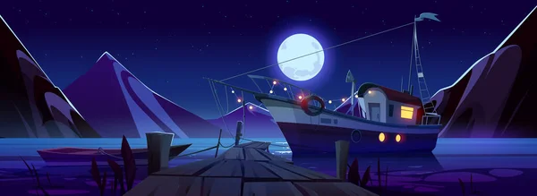 桟橋で係留ボートと夜の山の湖 岩の範囲で真夜中の風景のベクトル漫画のイラスト ガーランドと漁船 木製の桟橋 星と満月と暗い真夜中の空 — ストックベクタ