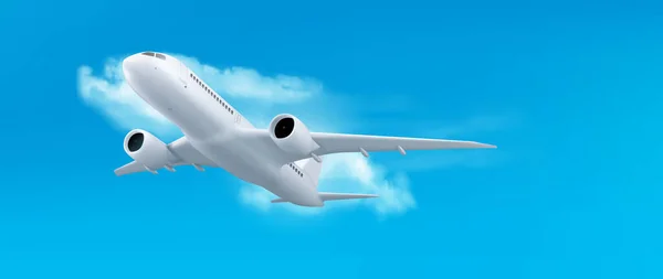 空の空気ベクトル旅行のコンセプトで3Dホワイトプレーンフライト 雲と青の背景にジェットの現実的なレンダリング 休日の国際線の航空会社の商業バナー チャーター機離陸 — ストックベクタ