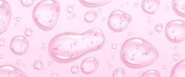 Yüzeyinde şeffaf serum kabarcıkları olan gerçekçi pembe jel dokusu. Güzellik ürünleri lekesinin vektör çizimi. Kolajen damlaları, vitamin esansı damlacıkları, sıvı kozmetik madde, spa yağı