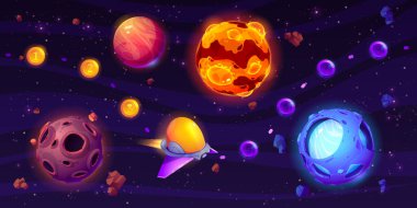 Gezegen vektör ekran arkaplanlı uzay oyunu düzeyi haritası. Fantezi evrenindeki 2D güneş yabancı uzay gemisi atari video oyunu. Mobil uygulama kullanıcı arayüzü tasarımı. Kozmos macera gezisi