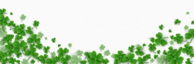 Yonca yonca 3d vektör İrlanda deseni. Yaprak konfetiyle pankart için St. Patrick günü gerçekçi yeşil sınır. Şeffaf arkaplanda izole edilmiş. Dört şanslı ot reklam için sembol bırakıyor.