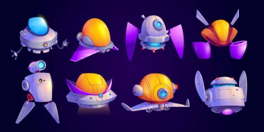 Uzay gemileri, uzaylı roketleri, UFO mekikleri. Gelecekçi uzay gemileri, mavi arka planda izole edilmiş kozmosta uçan sevimli gelecek araçları, vektör karikatür çizimleri