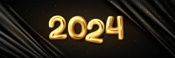 祝您新年快乐 黄金派对版式设计模板与3D气球号码在丝绸面料上 用于网站假日横幅 高级黄色闪亮字体标题金属字体 — 图库矢量图片