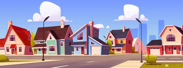 家の建物ベクトル漫画の風景と郊外の村の通り 道路の交差点と近代的な近所のガレージとコテージや家族のアパート タウンハウス建築サイドビュー — ストックベクタ
