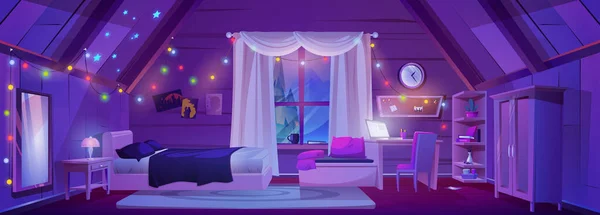 Cartoon Attic Room Interior Girly Furniture Night Vector Illustration Dark — Stock Vector