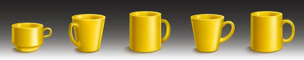 Чашки Чаю Кави Чашки Макет Шаблон Порцелянових Чашок Порожні Жовті — стоковий вектор