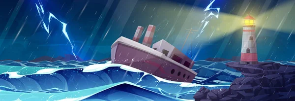 Cartoon Mar Tempestade Trovão Com Farol Noite Ilustração Paisagem Vetorial — Vetor de Stock