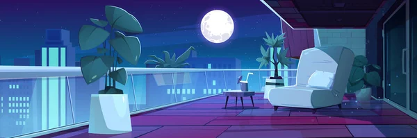 夜间露台内部有扶手椅和鸡尾酒 从公寓阳台卡通片背景可以看到迷人的闪光和满月的全景城市摩天大楼 现代城市庭院设计图解 — 图库矢量图片