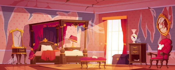 Verlassene Gebrochene Viktorianische Schlafzimmer Interieur Cartoon Vektor Hintergrund Altes Gruseliges — Stockvektor