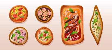 İzole pizza üst görünüm vektör illüstrasyon seti. Margherita ve marinara soslu İtalyan yemeği. Farklı pizza pişirme şekli menü için et ve biberli klipsi.