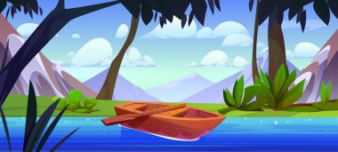 Dağ nehri, orman vektör manzaralı bir tekne. Yeşil çimen, sakin su, tahta kano ve güzel kayalık cennet parkı ile karikatür yaz illüstrasyonu kıyıya yakın macera gezisi için