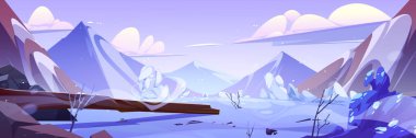Kış dağı ve gökyüzü çizimi. Kar manzarası, buzlu Alpler, karikatür panorama arka planı. Kar mevsiminde soğuk doğa ufku. Alpie macera vadisi çevresi donmuş tasarım.