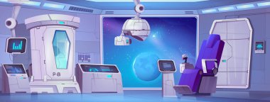 Spaceship laboratory interior room with cryogen capsule cartoon ui background illustration. Space view in lab window. Cryotherapy and biotechnology experiment with hibernation computer equipment clipart