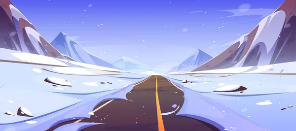 冬の雪の道と山の風景ベクトルの背景 漫画雪の屋外の旅のパス 尾根ゲームアドベンチャー壁紙を介して高速道路のブリザード 北の寒い天気の風景 — ストックベクタ
