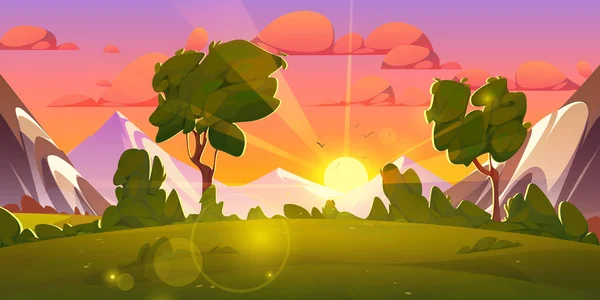 日の出の空と山の森の漫画の風景の近く 雲と緑の木と夏の朝の自然景観 アドベンチャー穏やかな谷の環境水平イラストの視点 — ストックベクタ