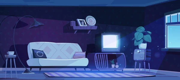 Night Vector House Vintage Living Room Interior Cartoon Background Moonlight — Stock Vector