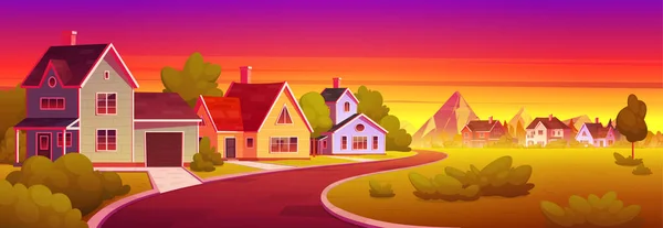 卡通镇街道上的日落映入眼帘 市郊村庄全景的矢量图解 带有住宅建筑和车库 绿色草坪 在橙色黄昏的天空下通向岩石的道路 — 图库矢量图片