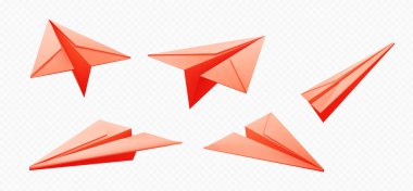 Havada uçan kağıt uçak simgeleri. 3d origami, kırmızı katlanmış kağıttan uçak modeli şeffaf arka planda izole edilmiş, vektör gerçekçi illüstrasyon
