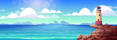Island Cliff Sahil Çizgi Filmi Çizgi Filmi Çizimi 'ndeki Deniz Feneri. Kaya sahili kıyısında deniz feneri. Okyanus kıyısında, sakin su manzarası. Deniz ufku manzarası arka planı. Bulutlu panoramik deniz manzarası