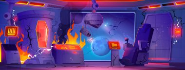 Fire smoke in cryogenic laboratory with capsule cartoon background. Futuristic broken cryogen lab interior room after accident. Hibernation experiment in burnt spaceship with damage equipment. clipart