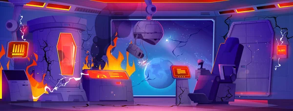 カプセル漫画の背景と極低温実験室での火災煙 事故後の未来型壊れたクライオゲン研究室の室内 損傷装置を備えた燃焼宇宙船での冬眠実験 — ストックベクタ