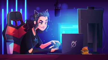 Kız bilgisayar oyuncusu karakter karikatür vektör arkaplanı. Kadın, mikrofonlu video yayını için profesyonel ekipmanlarla neon odada online oyun oynuyor. Masası ve dizüstü bilgisayarı olan yaldızlı işyeri