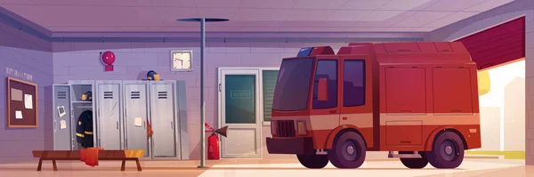 Garage Caserne Pompiers Avec Dessin Animé Camion Illustration Fond Département — Image vectorielle