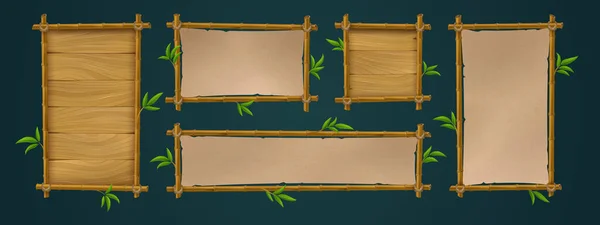 Conjunto Realista Placas Madeira Bambu Papel Com Folhas Verdes Tropicais — Vetor de Stock