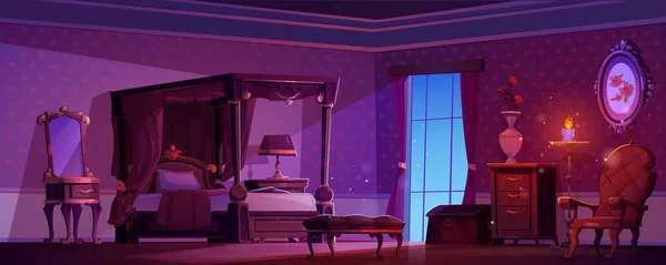 ヴィンテージ王室の家具とビクトリア朝の夜の寝室のインテリア クラシックプリンセスキャノピーベッド バロック様式の部屋のためのレトロな鏡とアームチェア 中世の英語の家の屋内 窓から月明かり — ストックベクタ