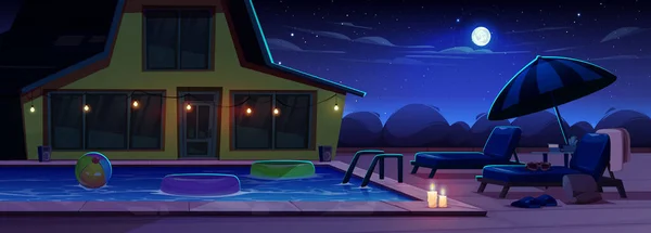 Cartoon Σπίτι Παραλία Πισίνα Στην Πίσω Αυλή Βράδυ Εικονογράφηση Διάνυσμα — Διανυσματικό Αρχείο