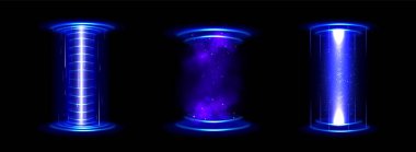 Hud ışık efektli hologram oyun portalını daire içine alın. Fantezi arayüzü için fütürist teknoloji sihirli podyumu. Mavi lazer yuvarlak ve ışıltılı ışınlanma hunisi illüstrasyon setiyle neon liderliğindeki parlama sahnesi