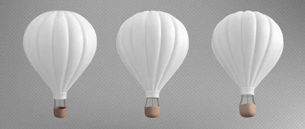 3d white hot air balloon isolated vector illustration. Realistic adventure airship with basket to fly on gas. Aerostat for recreation and travel mockup. Vintage outdoor expedition float baloon set