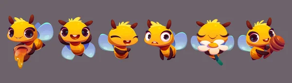 可爱蜜蜂情感表达吉祥物载体 卡通用美味的蜂蜜 木棍和白色的花束隔离了快乐而有趣的角色 有翅膀的可爱小蜜蜂昆虫图标集 — 图库矢量图片