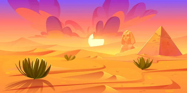 Sonnenuntergang Der Ägyptischen Wüste Mit Antiken Giza Pyramiden Cartoon Landschaft — Stockvektor
