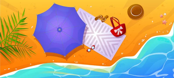 Strand Draufsicht Mit Sonnenschirm Auf Sand Der Nähe Von Meer — Stockvektor