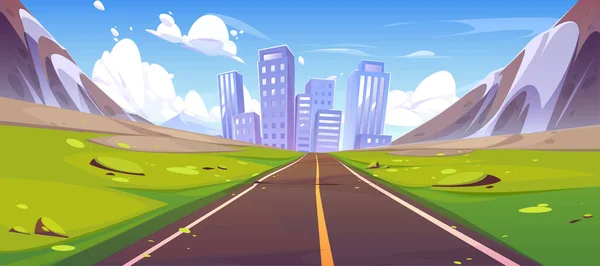 Spring Landscape Road City Mountain Valley Scene Town Buildings Houses — Stock Vector