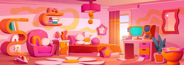 Y2K卧室内饰菊花枕头向量背景 漂亮的粉红色房间 洋甘菊地毯和电脑 女孩明亮的家居装饰与创造性的书架插图 — 图库矢量图片