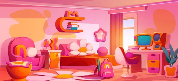 グルービースタイルの女の子の寝室 ベッド 花の枕 デイジーの形のラグ スクールバッグ 机とピンクのアームチェアのコンピュータ ベクトル漫画のイラストとキッズルームのインテリア — ストックベクタ