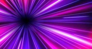Hiperuzay warp hızı ışık efekti arka planı. Galaksi hiper uzay vektör hızı tünel hareketi. Siber evren illüstrasyonunda fütürist seyahat. Neon karayolu hızlı hareket radyal illüstrasyon tasarımı