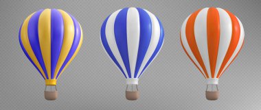 3D, şeffaf arka planda Hoy hava balonu sepetinin seyahat resimlerini izole etti. Macera ve eğlence için kırmızı, mavi ve sarı çizgili gerçekçi bir aerostat. Yaz balonu gezisi