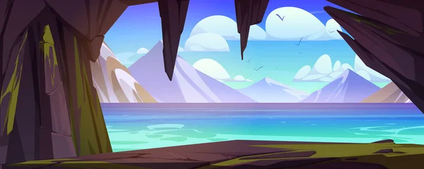 Vista Caverna Montanha Superfície Lago Azul Desenho Animado Vetorial Ilustração —  Vetores de Stock