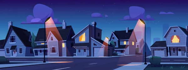 卡通城郊区街道在晚上 居民住宅区的矢量图解 带有私家住宅 交叉路口灯火通明 窗户上有舒适的黄光 午夜星空 — 图库矢量图片