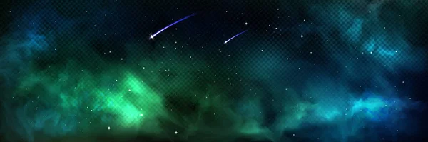 绿色星云背景 抽象的天空光芒 恒星或彗星落在宇宙中的夜间极光矢量纹理 神奇的北方概念与明亮的北极光现实的旗帜背景 — 图库矢量图片