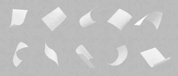 3D分離フライホワイトペーパーシート ベクトルの透明背景に関する秋のドキュメントページ 現実的なオフィスの書類作成の部分が落ちる設定します ベントとカールA4散布距離で風モックアップクリップ — ストックベクタ