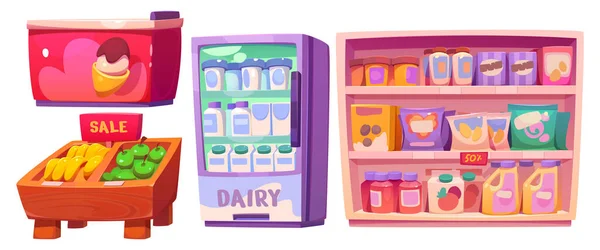 杂货店货架内向量卡通集 独立的市场货架上有乳制品和产品种类齐全的货架 室内冰淇淋冰箱的设计 售卖中的水果陈列打折购买 — 图库矢量图片